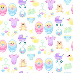 Cute baby pattern with toys, strollers, and pastel onesies for nursery decoration.