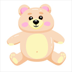 Adorable cartoon teddy bear with pink ears and cheeks on white background.