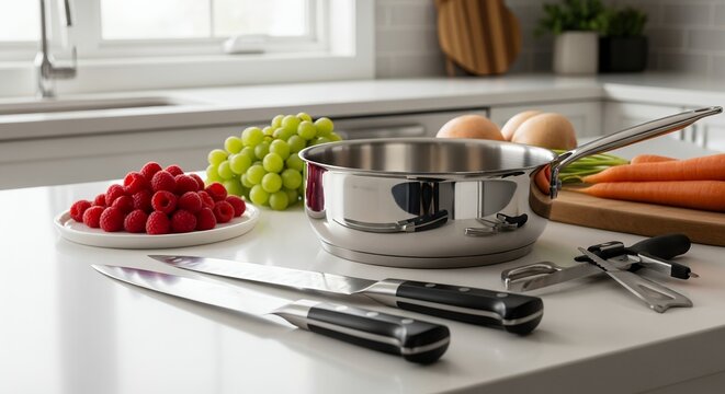 Kitchen counter with fruit, vegetables and cooking utensils on white surface, concept for culinary blog content creation, healthy eating promotion and cooking class advertising
