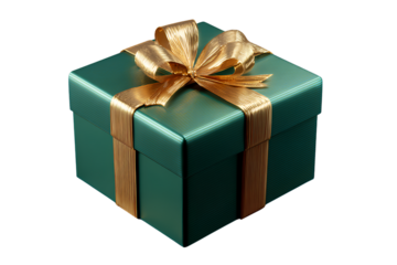 Glossy Green Gift Box with Gold Bow and Reflections Front Center View Isolated on Transparent Background PNG.