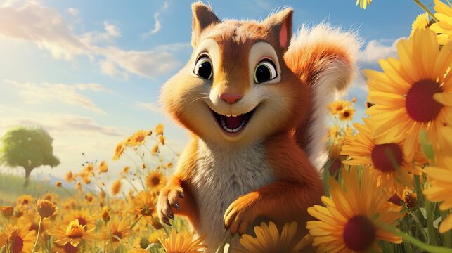 A happy cartoon squirrel smiles amongst bright yellow sunflowers in a sunny field.
