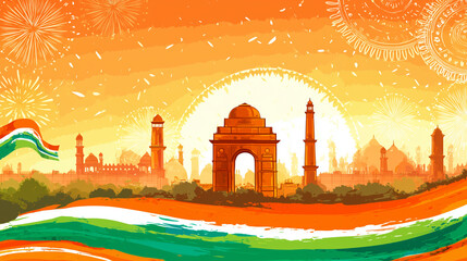 india independence day celebration banner with stylized indian landmarks and tricolor background — perfect for patriotic posters, educational materials, event flyers, or digital greetings
