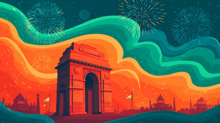 india independence day celebration banner with stylized indian landmarks and tricolor background — perfect for patriotic posters, educational materials, event flyers, or digital greetings