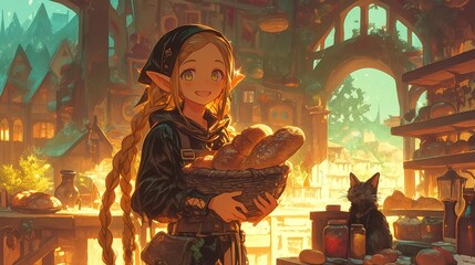 Enchanted Bakery in a Fantasy City, elf girl with a glowing loaf, sparkling magic, rustic charm, vibrant city pop aesthetic, whimsical anime atmosphere