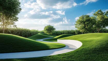Naklejka premium Morning Scene: Green Lawn With Smooth Curves, Bushes, Trees, And Blue Sky Under The Radiant Sunlight.