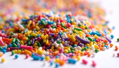 Colorful sprinkles piled high on a white surface