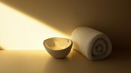 Soft Light on Minimalist Bowl and Rolled Towel in Tranquil Setting