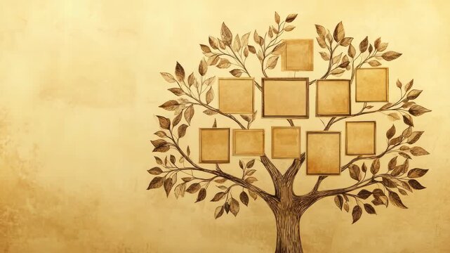 Artistic tree with blank squares for photo insertion, representing genealogy or memories
