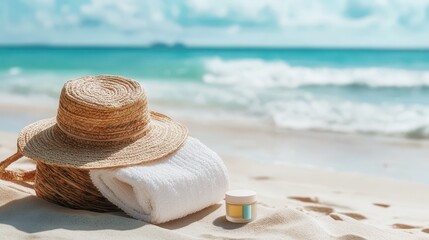 Relaxing Beach Scene with Straw Hat, Towel, and Sunscreen Cream