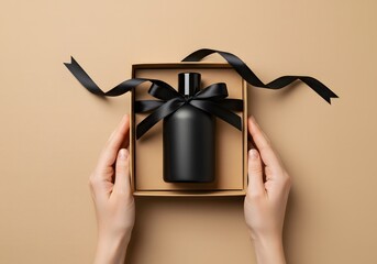 Elegant black perfume bottle presented in a gift box with a black ribbon