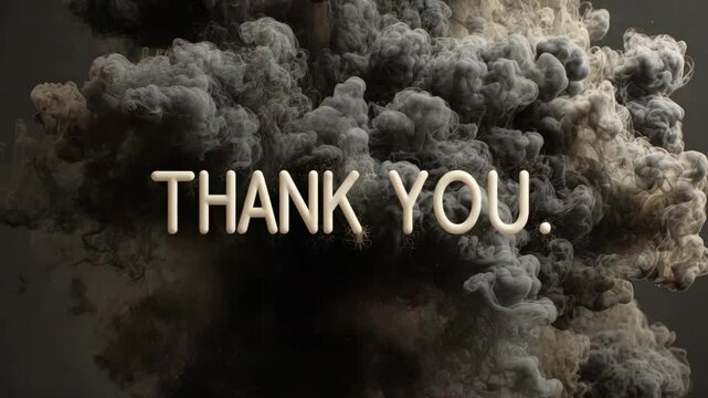 White THANK YOU text formed in dense smoke clouds, realistic style, against a dark background. Concept of gratitude and dramatic emotion