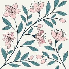 Illustration of stylized pink flowers and green leaves on branches against a cream colored background