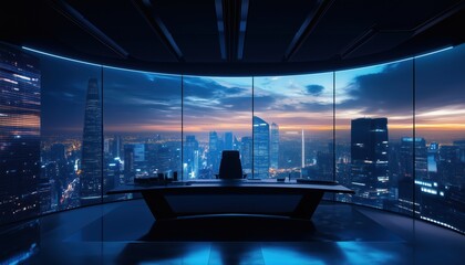 Modern Workspace With Ambient Lighting And Stunning City Sky In Futuristic Dark Blue Office Setting. Focus On Ism And Sleek Design.