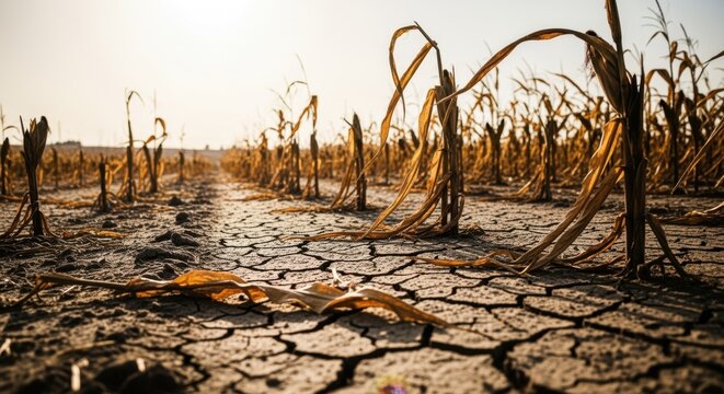 Dry cracked farmland with dying corn crops environmental stress on food production