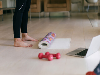 Woman in sports clothes preparing sports equipment for online training in her living room.