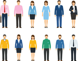 Cad drawing flat vector illustration, formal office fashion, corporate attire, business casual outfits, professional wear, workplace dress code, business people