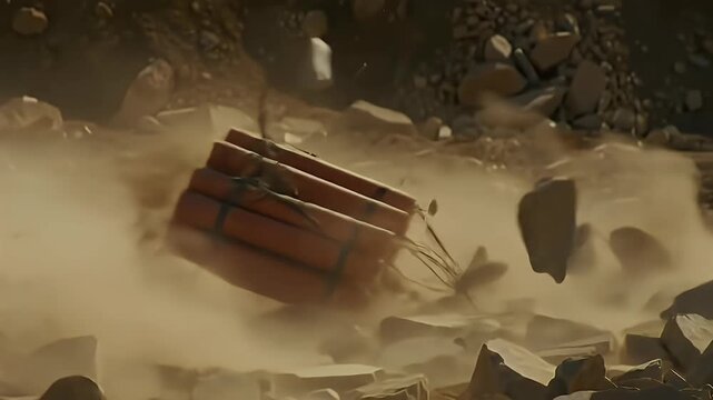 Explosive Dynamite Sticks Impacting Dusty Ground, Causing Debris Cloud for Demolition or Mining Concept
