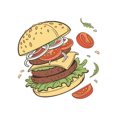 Delicious fast food hamburger with beef, cheese, lettuce, tomato, and onion on a bun, isolated on white, perfect for a hearty lunch or dinner snack EPS file download.
