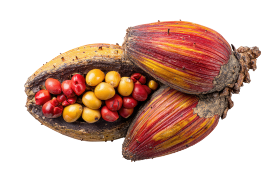 Fruit pods with colorful seeds.  Two reddish-orange and yellow pods enclose  small red and yellow seeds.  Pods have a rough texture