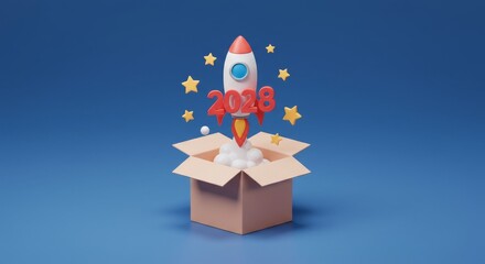 2028 Rocket Launch from Box - A 3D render of a rocket launching from a box, symbolizing a new beginning or project launch in 2028