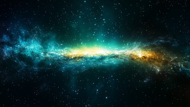 Space Milky Way concept background. Universe galaxy horizontal poster. Amazing cosmic wallpaper. Raster bitmap digital illustration. AI artwork.	