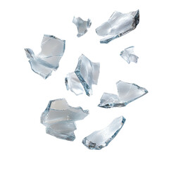 Fototapeta premium Shattered ice fragments, various irregular shapes and sizes, light gray-white color, scattered on black background