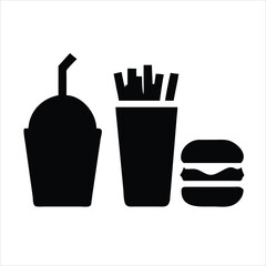 Fast food icon, cola French fries and burger menu set silhouette on white background