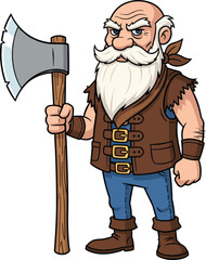 Bearded warrior in brown vest holding axe, bald head and stern face, cad drawing flat vector illustration for fighter, medieval themes