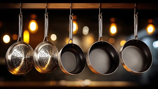 Kitchen pans hanging from a wooden rack.