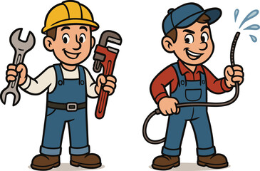 Cartoon workers with tools and hose, wearing overalls and helmets, cad drawing flat vector illustration for labor, plumber, mechanic themes