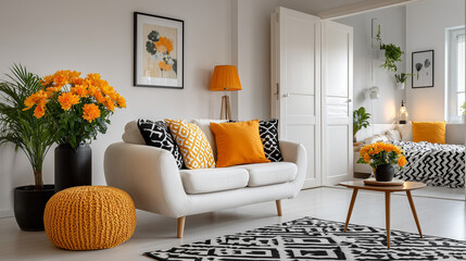 A modern white bedroom with black and orange accents