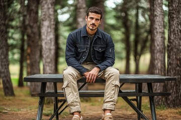 Obraz premium Man with mustache sitting on a picnic table in a wooded area park