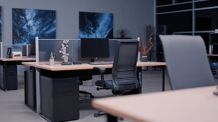 Minimalist coworking space with abstract art and clean modern design, bathed in soft ambient light.