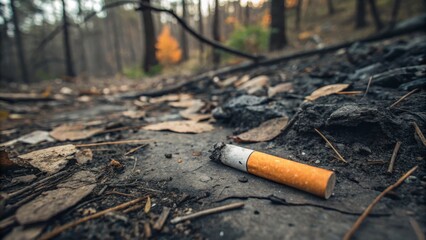 Cigarette butt littering forest floor photography natural landscape low angle environmental awareness