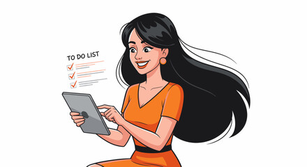 Smiling woman with long black hair, checking a to-do list on a tablet device.