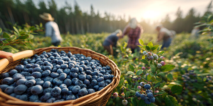 Freshly Picked Blueberries in Wicker Basket at Sunrise on Farm with Adult Farmers Harvesting Concept of Agriculture, Healthy Eating, and Sustainable Farming - Powered by Adobe