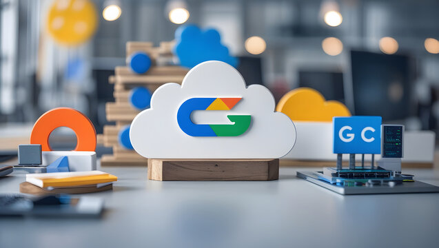 Google cloud computing concept with colorful 3d decorations and software development theme