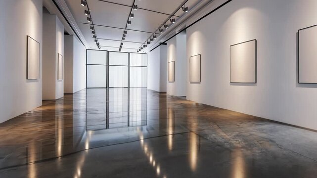 Creative 3D art gallery with blank walls, polished floors, and strategic lighting to highlight exhibited art pieces. 3d background room