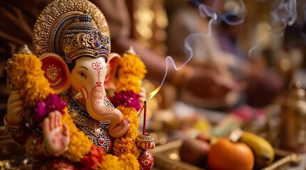 Ganesha idol during Ganesh Chaturthi celebration with incense and flowers — ideal for use in festival posters, spiritual blog posts, meditation apps, or cultural education materials
