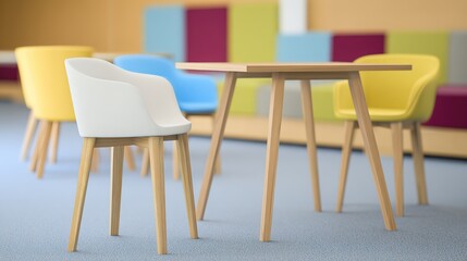 Minimalist coworking space with abstract art and clean modern design, bathed in soft ambient light.