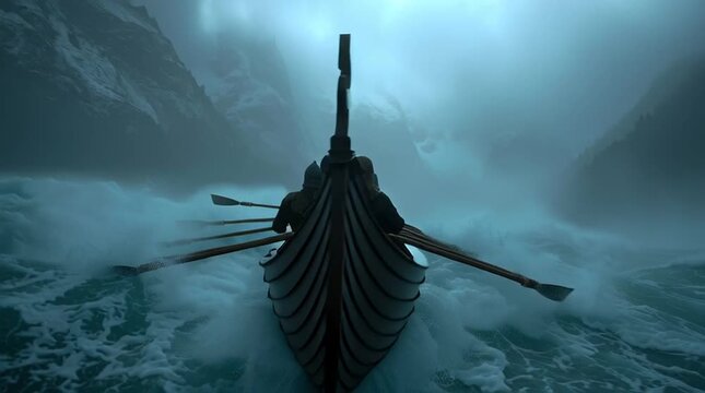 vikings sailing a drakkar in stormy weather — ideal for use in historical articles, Norse mythology content, video game concept art, or educational materials about Viking culture and seafaring