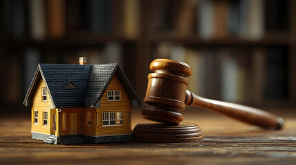 Maison miniature et marteau de juge sur une table en bois dans un environnement de bibliothèque