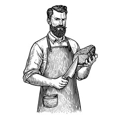 Man in apron holding knife and piece of meat with serious expression  