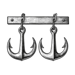 Vintage meat hooks hanging on metal bar in industrial style  