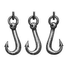 Industrial-style meat hooks hanging in a row in monochrome design  
