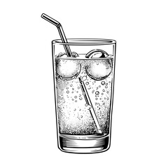 Highball glass filled with bubbles and ice cubes on white background  