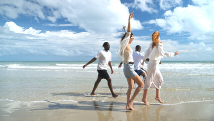 Group of diverse friends having fun at the beach, walking and splashing in the waves