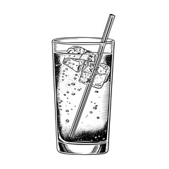 Highball glass with ice cubes and straw filled with bubbly drink  