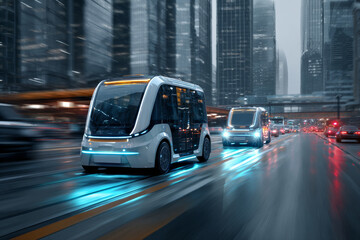 Autonomous vehicle urban infrastructure smart city street with high rise buildings, futuristic design, and dynamic motion, showcasing innovative transportation technology busy city environment