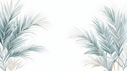 Fototapeta premium Elegant watercolor palm fronds artwork depicting tropical leaves in soft blue and white hues